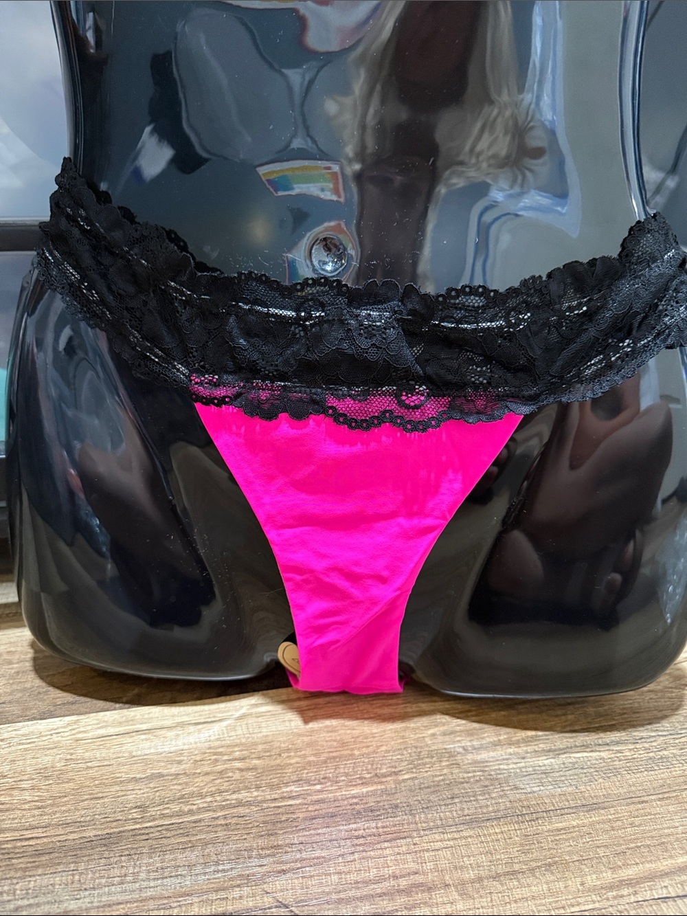Women's Hot Pink Bikini Bottom with Black Lace Trim